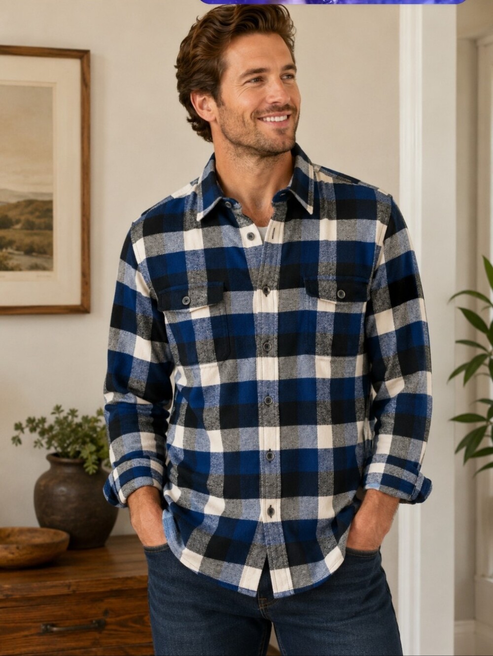 Jachs Cotton Blue and Black Plaid Button-Up Shirt